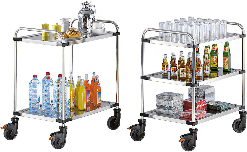 kaiserkraft Edelstahl-Tischwagen VARITHEK SERVO+, LxBxH 870 x 570 x 950 mm, Ladefläche 800 x 500 mm, 3 Etagen, Tragfähigkeit 150 kg