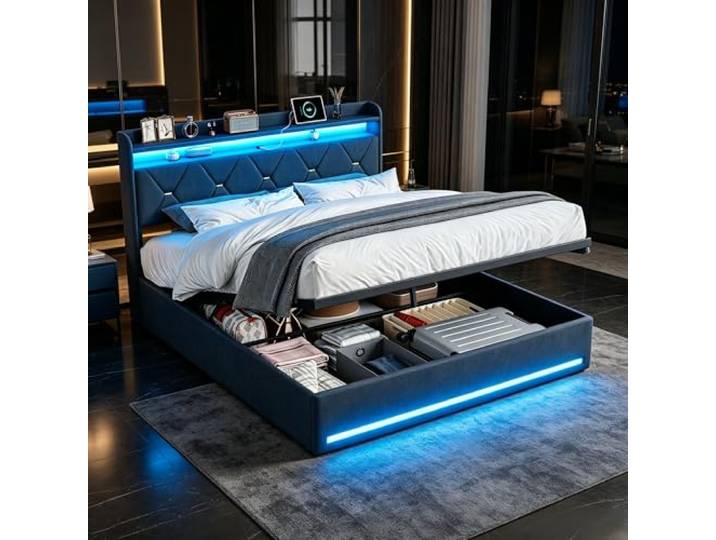 Polsterbett 140x200 mit Bettkasten und LED, Doppelbett 140x200 mit Lattenrost, hydraulisches Stauraumbett mit Staufach-Kopfteil, USB/Typ-C & kabellosem Laden, Jugendbett Bettgestell, Leinen