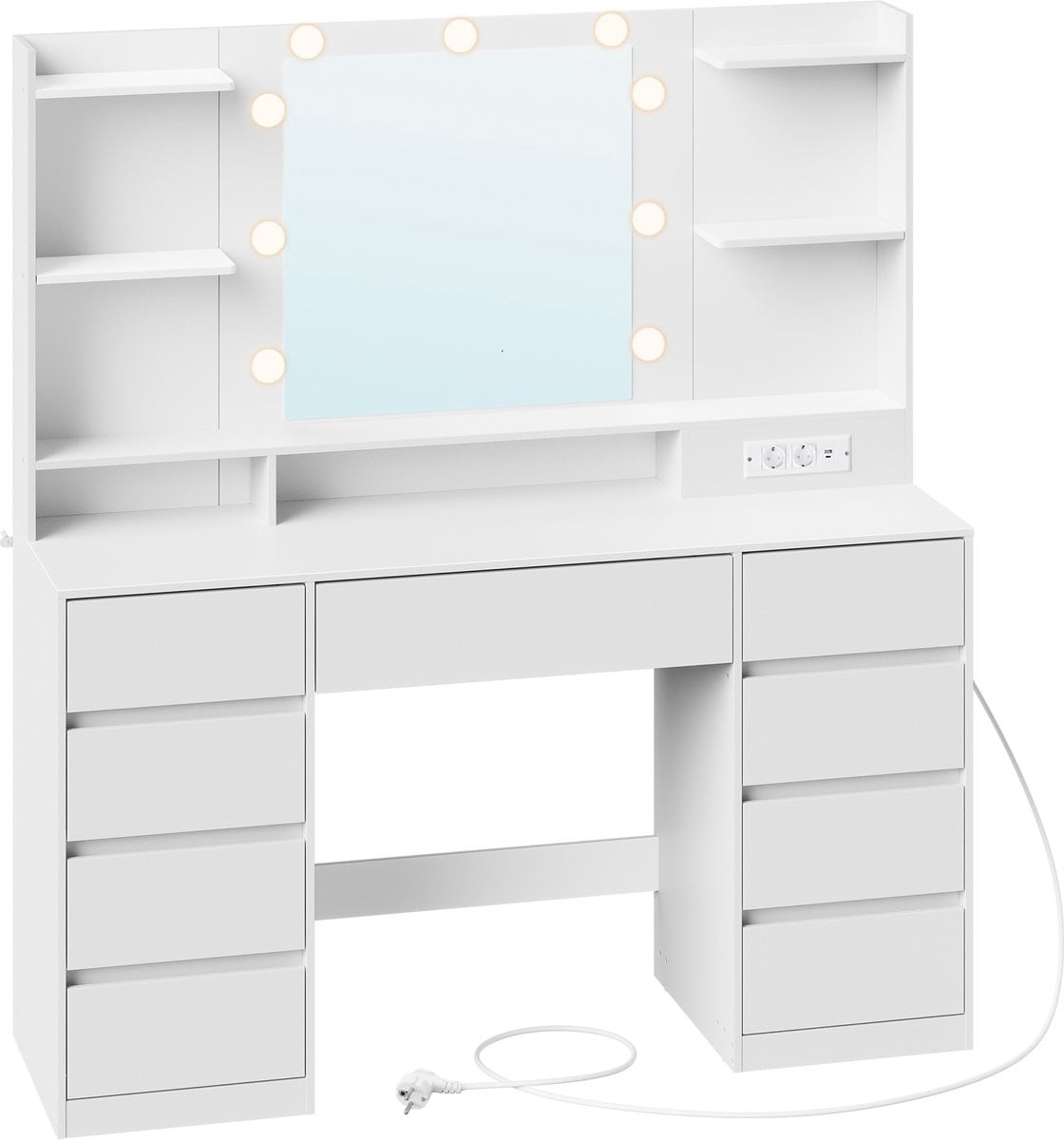 VASAGLE Kaptafel met Spiegel, Verlichting, 9 Lades en Oplaadstation