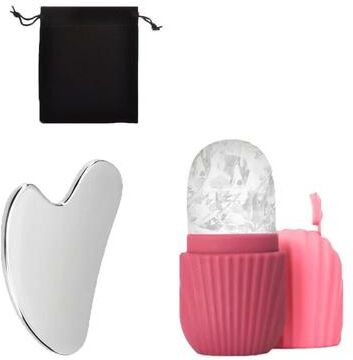 Inspired Living Stainless Steel Ice Face Roller & Gua Sha Set For Depuffing And Facial Sculpting 3pcs Set Rose Red