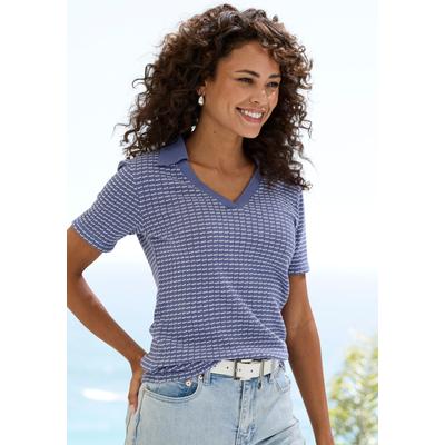 Poloshirt VIVANCE BY LASCANA "aus strukturierter Strickqualität", Damen, Gr. 40/42, blau (blau, creme), Strick, Obermaterial: 75% Baumwolle, 25% Polyester, gemustert, bequem, V-Ausschnitt, Shirts, aus angenehmer Baumwollmischung