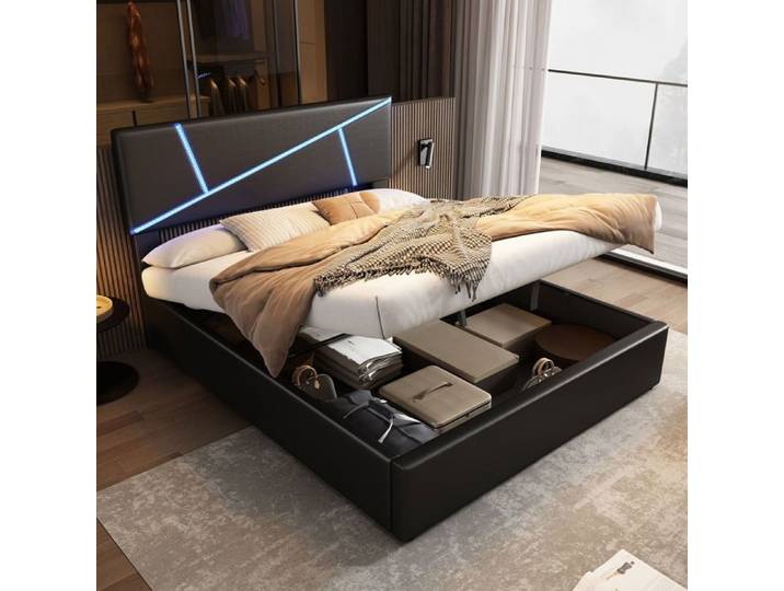 Lit coffre rembourré - SOGEU - Lit coffre LED 140x200cm - PU noir - Coffre hydraulique - LED APP synchronisable