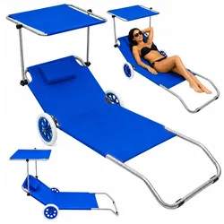 Klappbarer Garten- und Strandliegestuhl auf Rädern mit Sonnendach, Metall, Blau