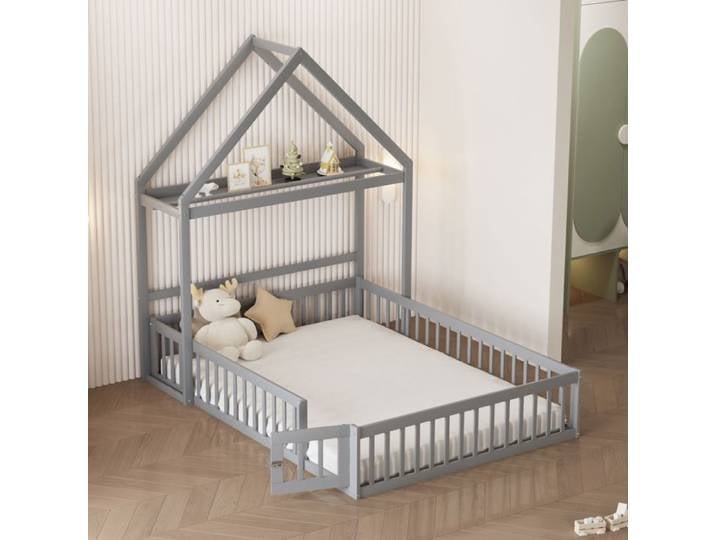Lit cabane enfant - SOGEU - Lit Cabane Enfant - 140x200 cm - Bois massif gris - Toit avec étagère et penderie