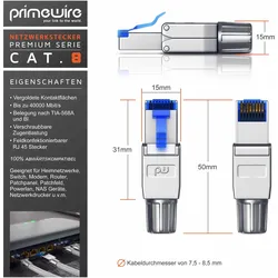 Primewire 8x Netzwerkstecker feldkonfektionierbar RJ45 CAT 8, Steckverbinder CAT8 für LAN Kabel Netzwerkkabel, Netzwerkkabel
