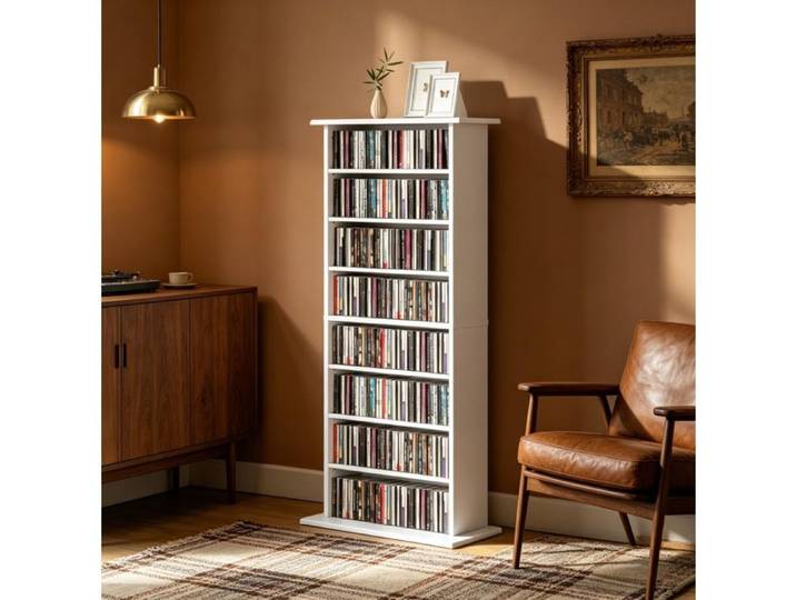 MEUBLIV Meuble de rangement CD DVD Blu-ray blanc 8 compartiments 6 étagères réglables