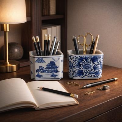 Sagebrook Home "Ceramic Container Asian Landscape Floral Design (Set of 2) - 4"" Blue - 5.5"""