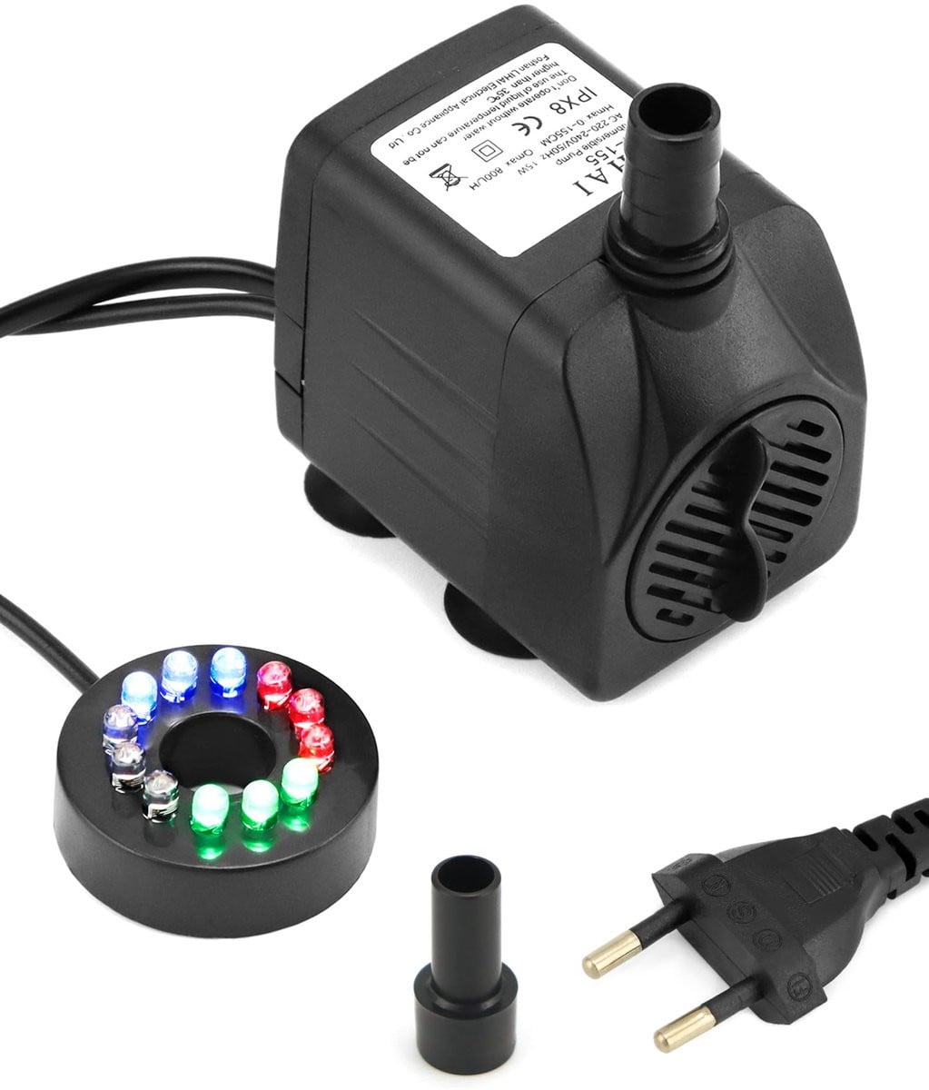 Mini waterpomp 800L/H 15W met verlichting en 4 kleuren voor aquarium, vijver of fontein
