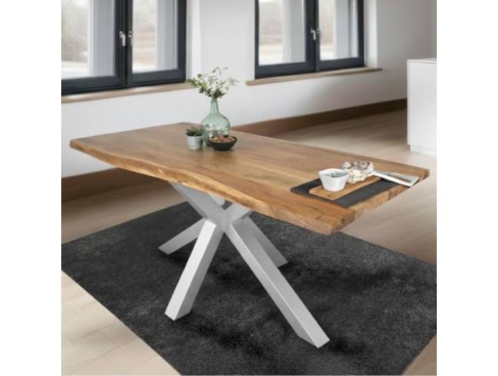 SAM Esstisch Tim 160x85 cm Akazie Natur/Spider-Gestell Silber massiv, Echte Baumkante, Akazienholz naturfarben, Baumkantentisch, Esszimmertisch, Spider-Gestell silber