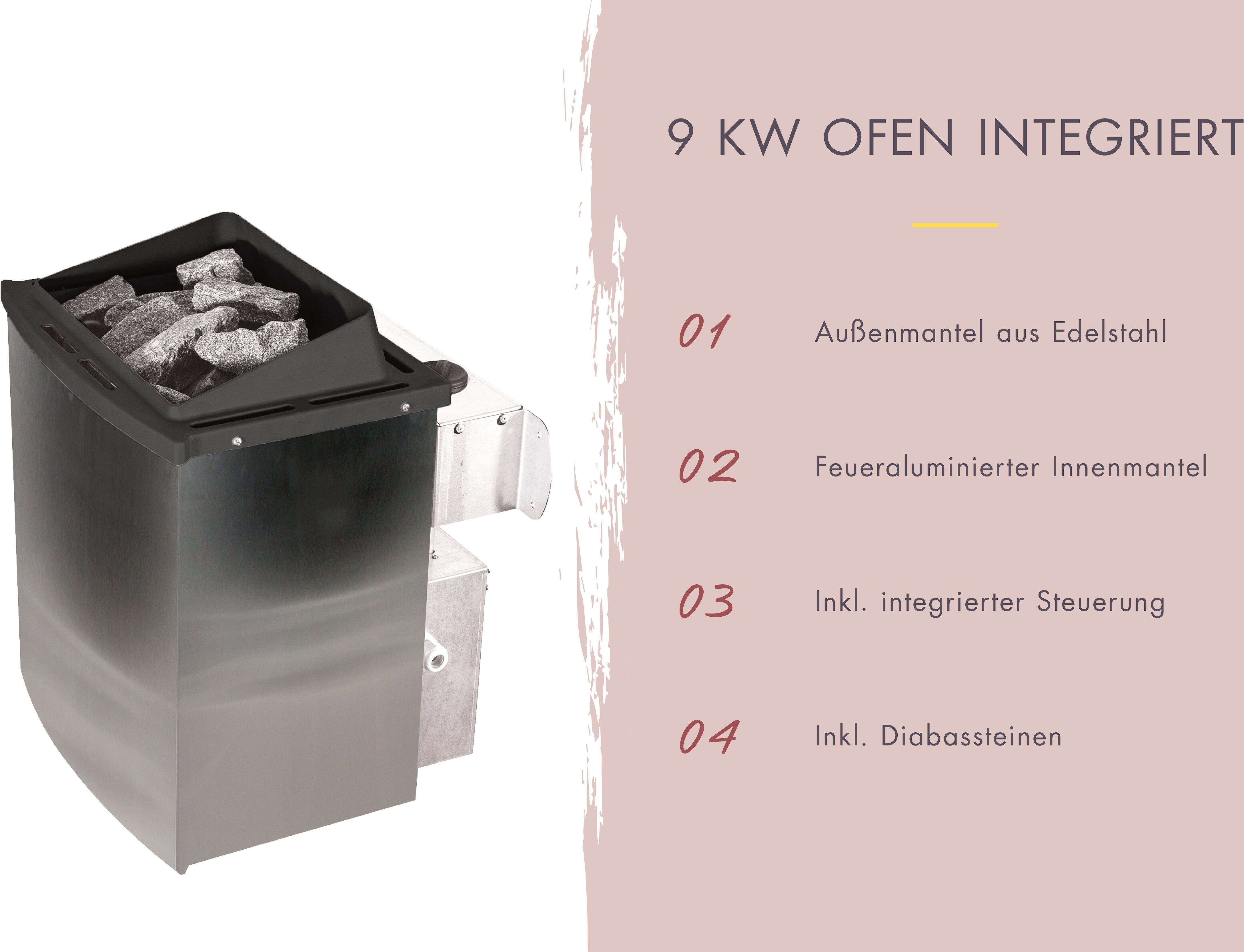 Sauna KARIBU "Nybro", beige (naturbelassen), (ohne Ofen), Saunen, Ofen 9 kW integr. Strg