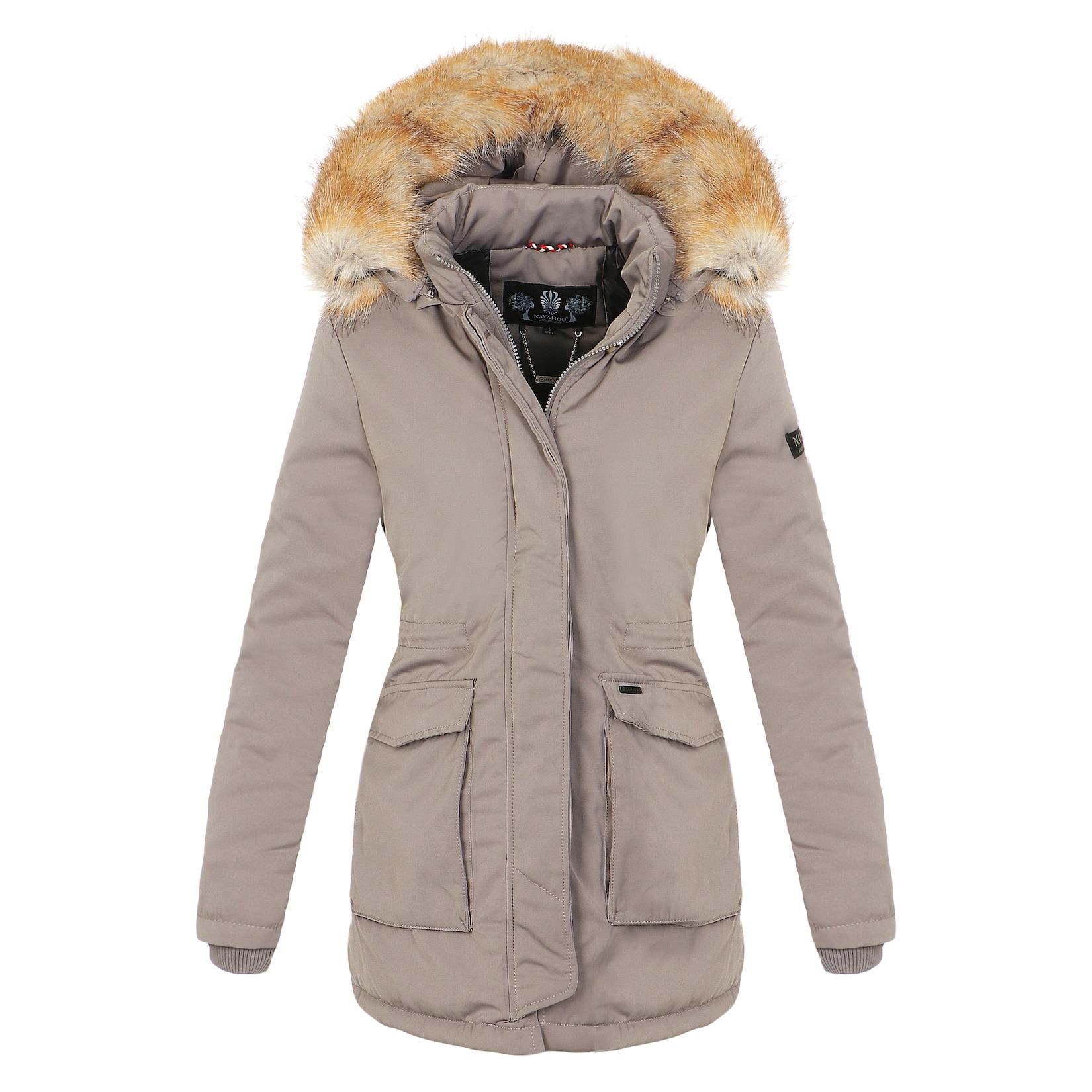 NAVAHOO Damen Designer Wintermantel Parka mit edlem Fellimitat Schneeengel