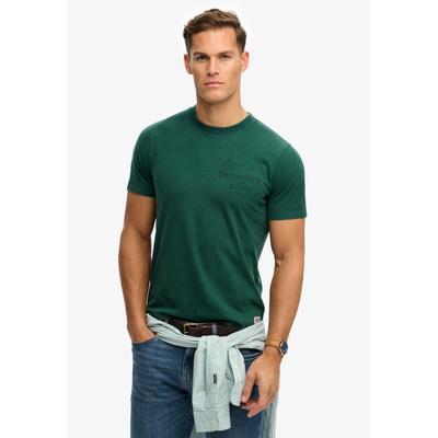Rundhalsshirt SUPERDRY "1954 Company Relaxed Tee", Herren, Gr. M, grün (varsity grün), Single Jersey, Obermaterial: 100% Baumwolle, bedruckt, relaxed fit normal, Rundhals, Shirts Rundhalsshirt, Baumwolle, relaxed fit