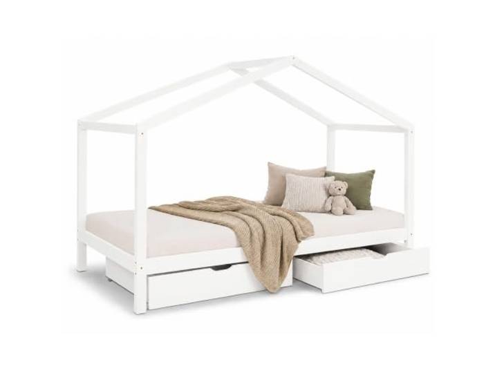 Homestyle4u Kinderbett 90x200, Hausbett Weiß mit Bettkasten Montessori Bodenbett aus Massivholz Kiefer - Skandinavisches Design - Inklusive 2 Schubladen - Stabil für Jungen & Mädchen