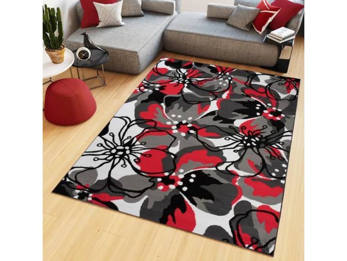 TAPISO Tapis Salon Poil Court Maya Rouge Gris Noir Fleure Polypropylène Intérieur 160x230