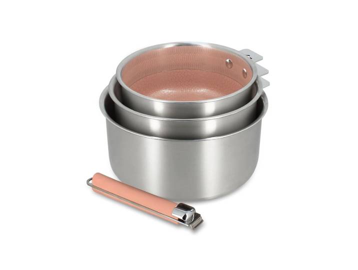 Set de 3 casseroles en acier inoxydable et une poignée amovible rose