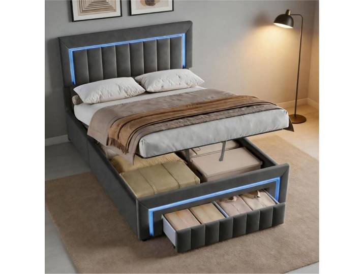 HOMVRA Lit double 140x200 cm lit adulte lit coffre avec LED tiroirs et sommier velours gris (sans matelas)