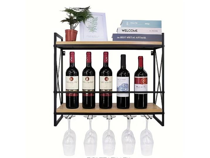 Porte-vin mural industriel, étagère à vin en bois à 2 niveaux avec 5 supports pour verres à vin