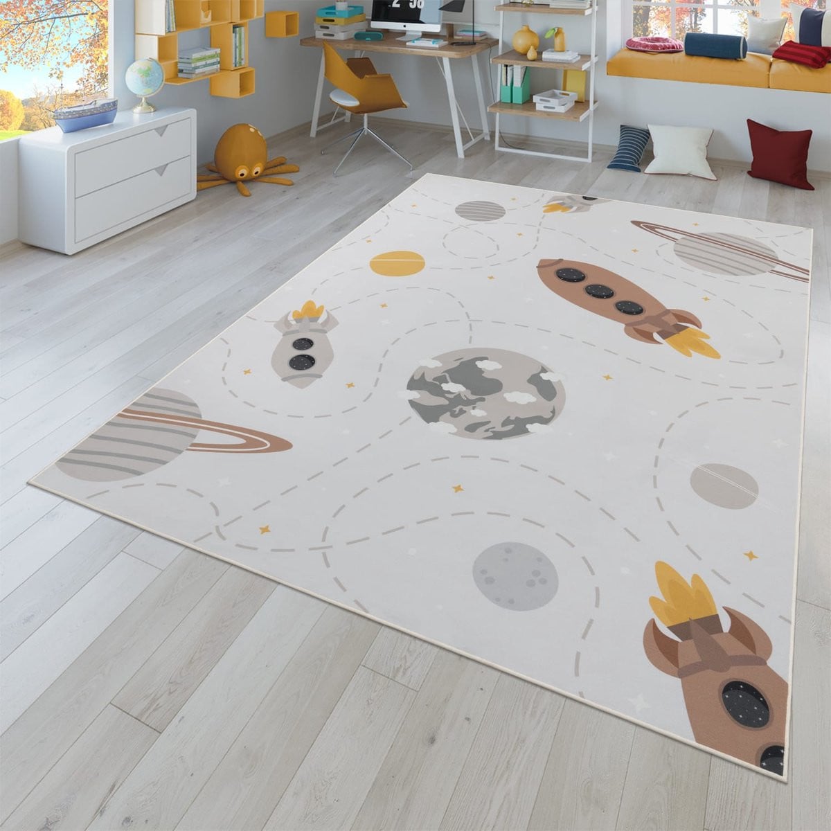 TT Home Kinderkamertapijt Rond met Planeten, Sterren en Raketten, Beige, Diameter: 160 cm