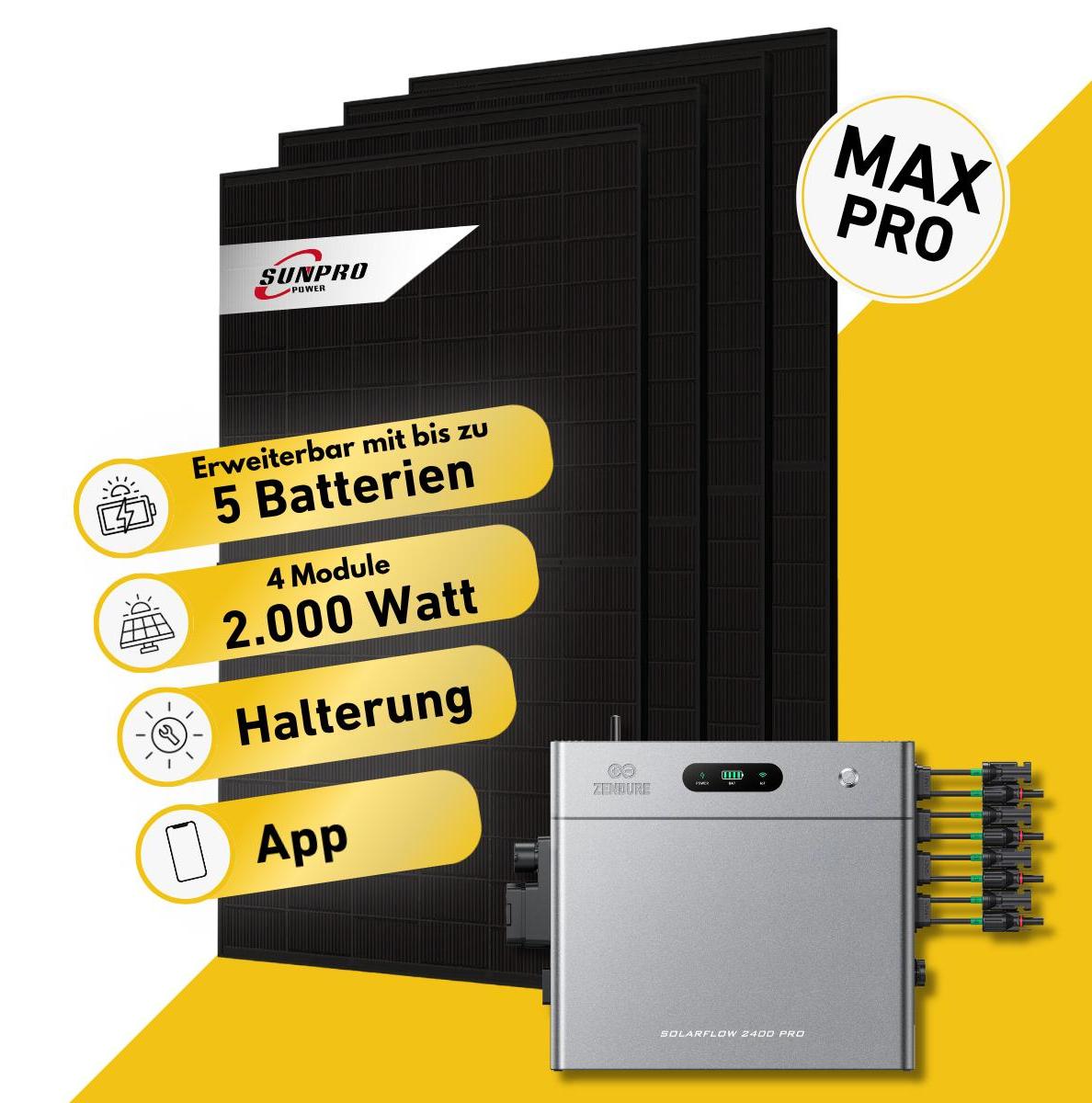 Balkonstrom Balkonkraftwerk 2000W Solaranlage mit Speicher | Garten/Flachdachhalterung | 4xSolarmodul | Zendure SolarFlow 2400 Pro