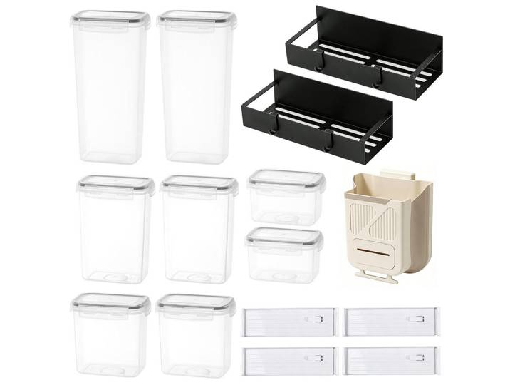 Küchen Organizer Set 15-teilig mit Vorratsdosen, Schubladenteiler & Wandregal, Schwarz, Kunststoff, Küchenzubehör, Küchenhelfer, Küchenhelfer-Set