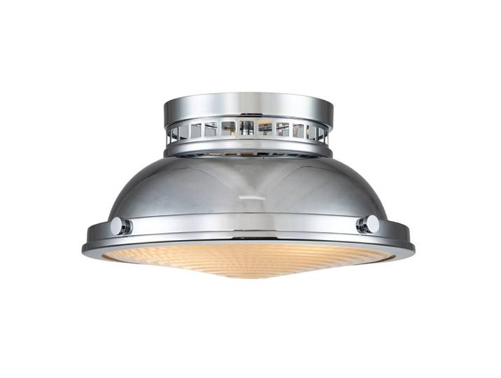 Plafonnier en acier, diffuseur en verre moulé et chrome poli