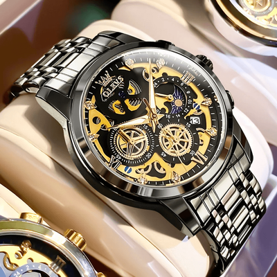 Inspire Essentials OLEVS Luxury Skeleton Quartz Watch For Men Waterproof Day Night Display black