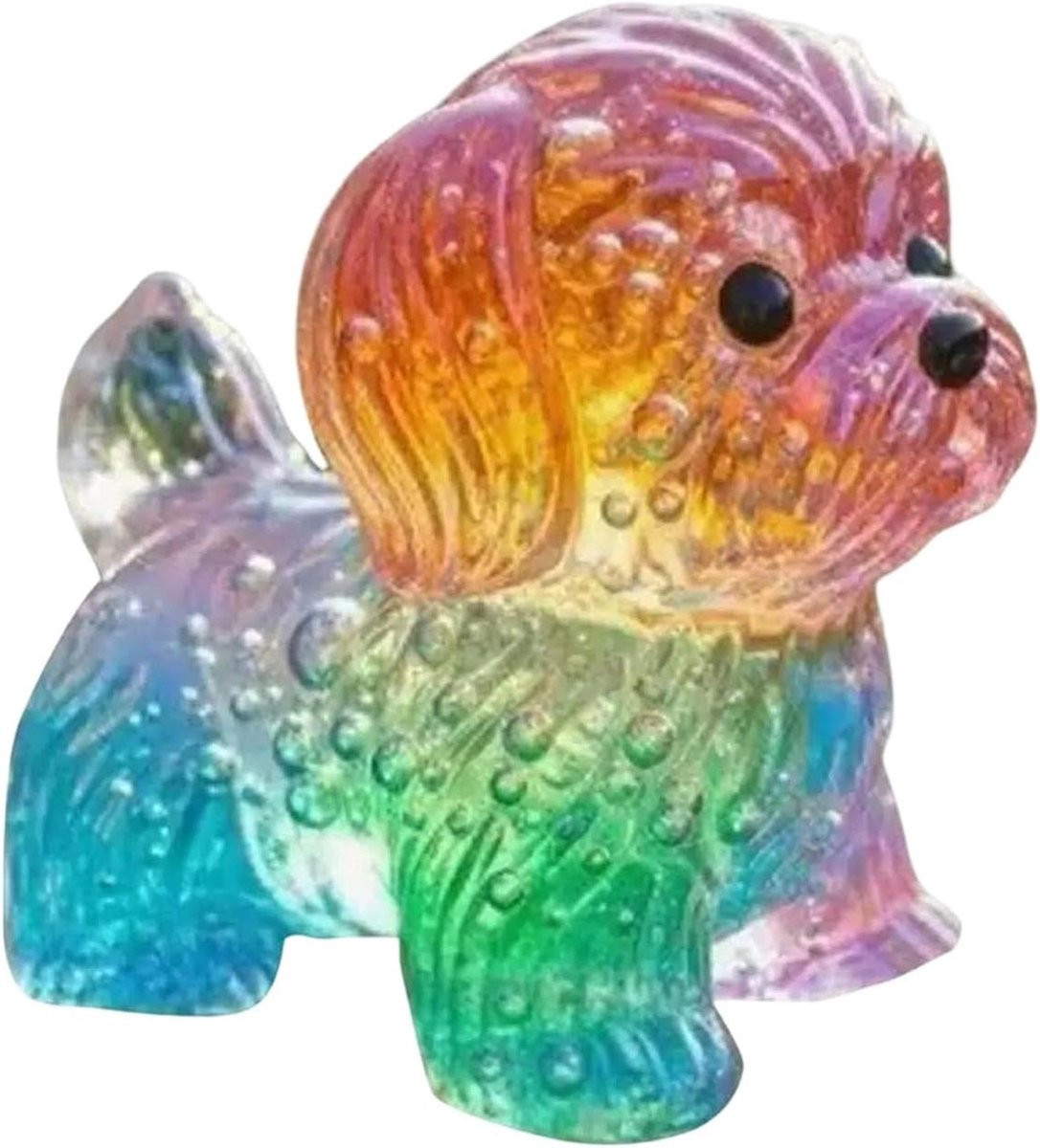 Moderne regenboog hondenfiguur voor decoratie in de tuin, op tafel of in huis