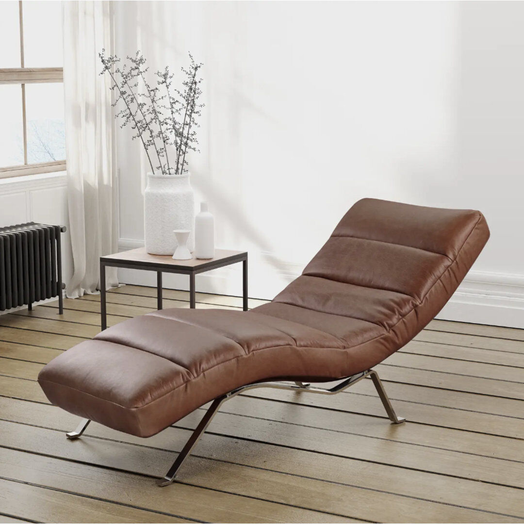 Ebern Designs Texas Chaise Lounge in Aniline-Leather with Adjustable Backrest Silver/Brown 95cm H X 65cm W X 171cm L