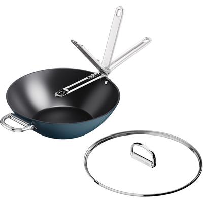 Wok JOSEPH JOSEPH "Space 32 cm (12,5") Antihaft-Wok mit klappbarem Griff und Deckel", blau (midnight blau), B:54,7cm H:15,5cm L:33cm Ø:32cm, Pfannen, Wok