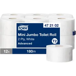 Tork Mini Jumbo Toilettenpapier Weiß T2, Advanced, 2-lagig, 12 × 180 Meter, 4721...