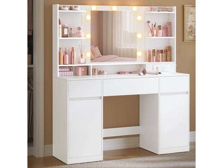 VASAGLE Schminktisch mit Beleuchtung und Spiegel, 3 Schubladen, 2 Schränke Steckdosenleiste, 3 Lichtfarben, werkzeuglose Gleitschienen, KAILYN Kollektion RDT142WB02