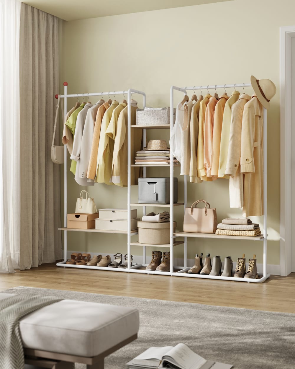 SONGMICS HOME Portant à vêtements ouvert avec 6 2 tringles et crochets design Beige 164x175x34cm