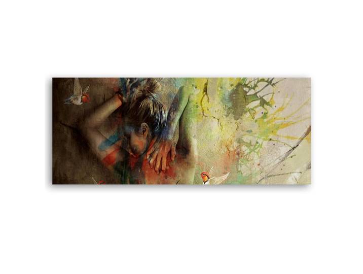 Feeby Wandbild frau und kolibris, Mehrfarbig, Person/Charakter, Rechteckig, 90x30 cm, Bilder & Rahmen, Bilder, Leinwandbilder
