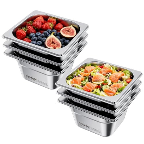 VEVOR Set van 6 roestvrijstalen Gastronormcontainers, 1/6 maat, 1,7 liter, Hoogte: 10 cm, Zilver
