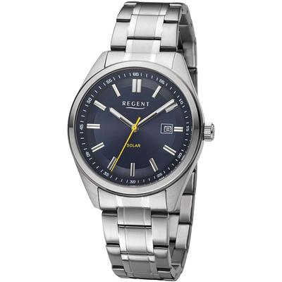Solaruhr REGENT, blau (edelstahlfarben, blau), Armbanduhren, Herren, Armbanduhr, Herrenuhr, Datum, Edelstahlarmband, bis 10 bar wasserdicht