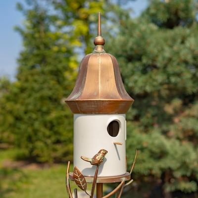 Zaer Ltd. "69.75"" Tall Iron & White Porcelain Birdhouse Stake ""Vienna"" - 9.5"" L x 6.75"" W x 69.75"" H"