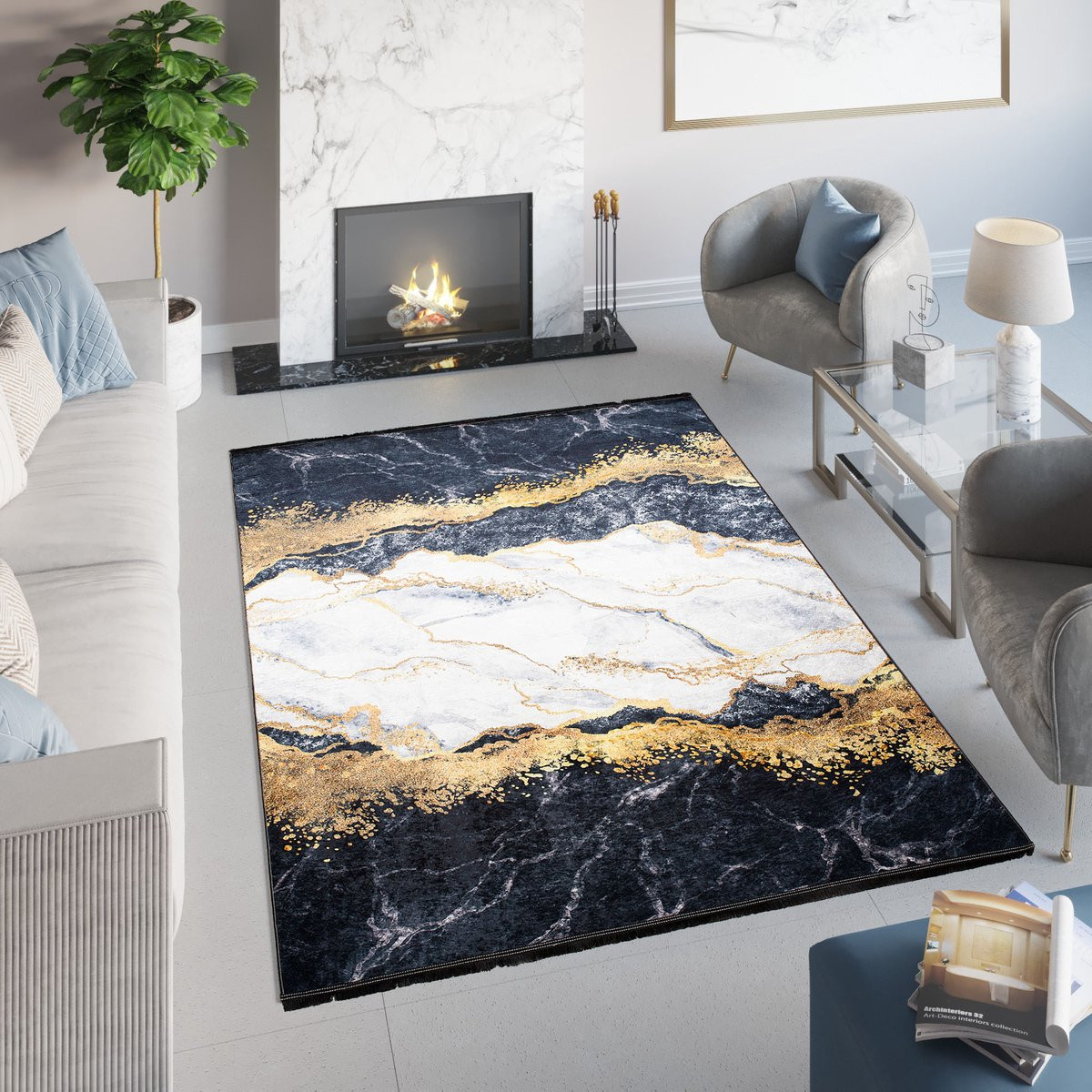 Tapiso Toscana Vloerkleed Abstract Grijs Goud 80 x 150 cm