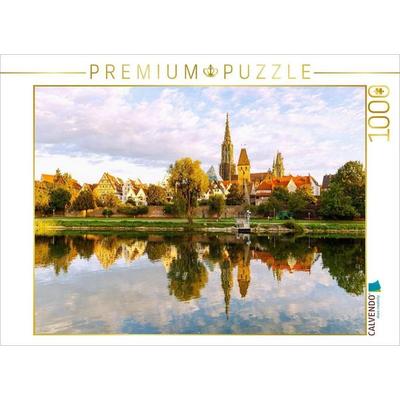 CALVENDO Puzzle Donauschwabenufer mit historischen Häusern Unter der Metzig, Stadtbibliothek, Ulmer Münster und Metzgerturm | 1000 Teile Lege-Größe