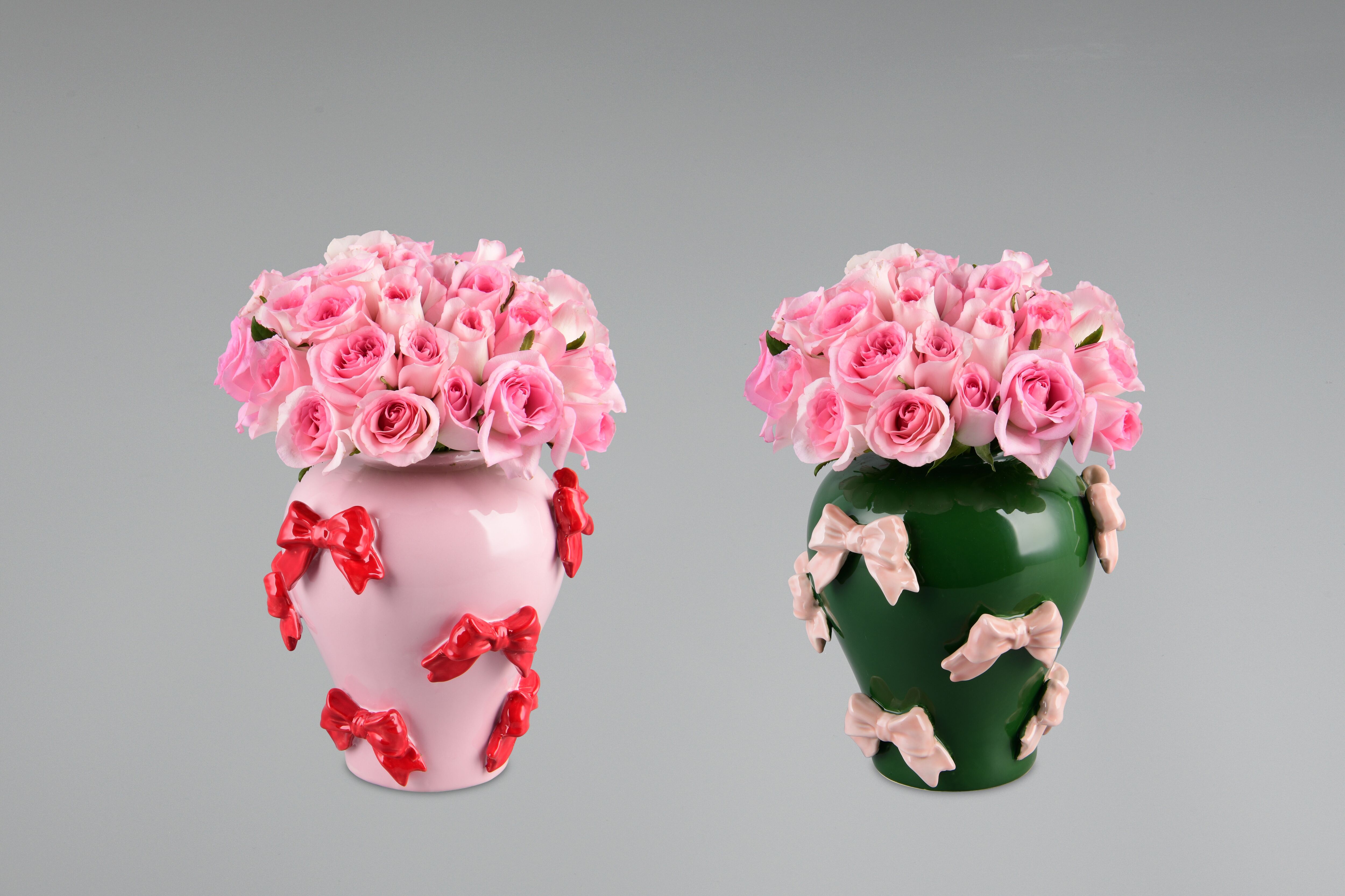 Dekovase MIRRORS AND MORE "BAILY", rosa (rosa, rosa), B:21,5cm H:22cm, Keramik, Vasen, Dekovase, Bunte Dekovase mit Schleifen