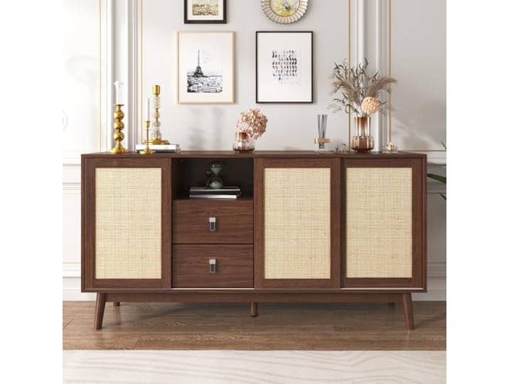 Merax Rattan Sideboard mit 3 Schiebetüren & 2 Schubladen, 155x38x80 cm, Sideboard Kommode mit Stauraum & Massivholzfüßen, Anrichte Wohnzimmer Esszimmer Flur, Schrank modern & stabil