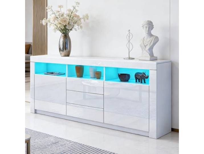 Sideboard Hochglanz Matt Anrichte Schrank mit 2 Türen 3 Schubladen Weiß LED Beleuchtung, 16 Wechselnden Farben und 4 Modi, TV Lowboard Für Esszimmer Wohnzimmer Möbel