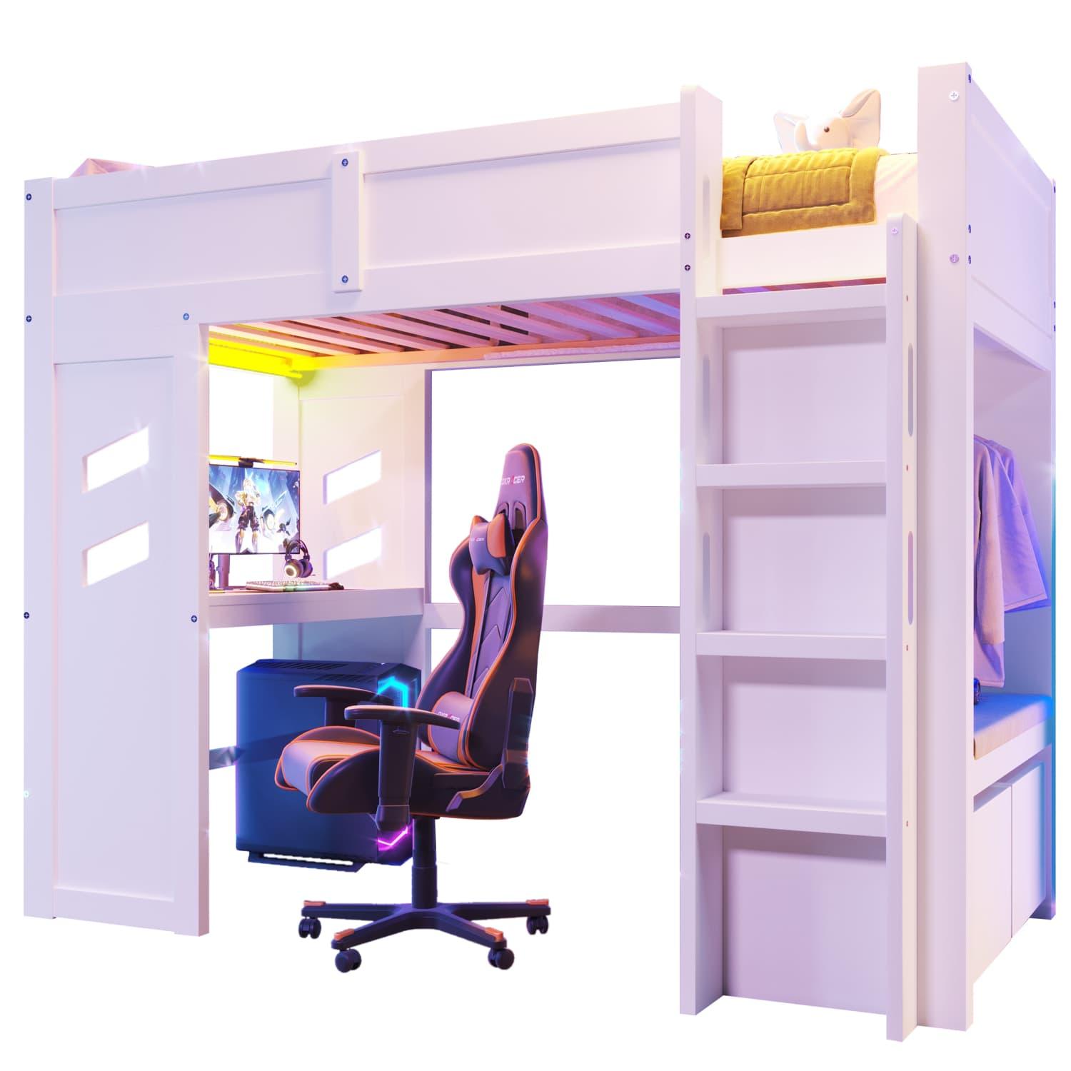 Hochbett,Gaming Bett mit Schreibtisch,Mit LED-Leuchten,1 USB-Anschlüssen, 1 Typ-C ausgestattet, Leiter, Schreibtisch, Schublade, Wäscheständer