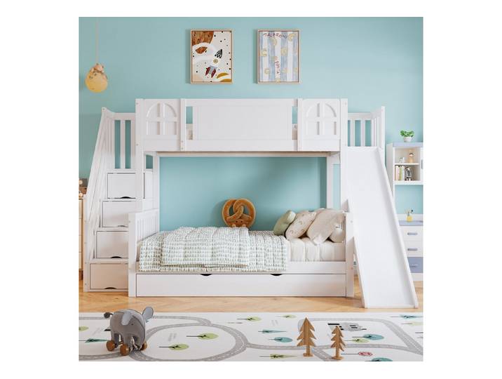 Flieks Etagenbett, Kinderbett 90/120x200cm mit Fenster Rutsche Stauraumtreppe Schublade
