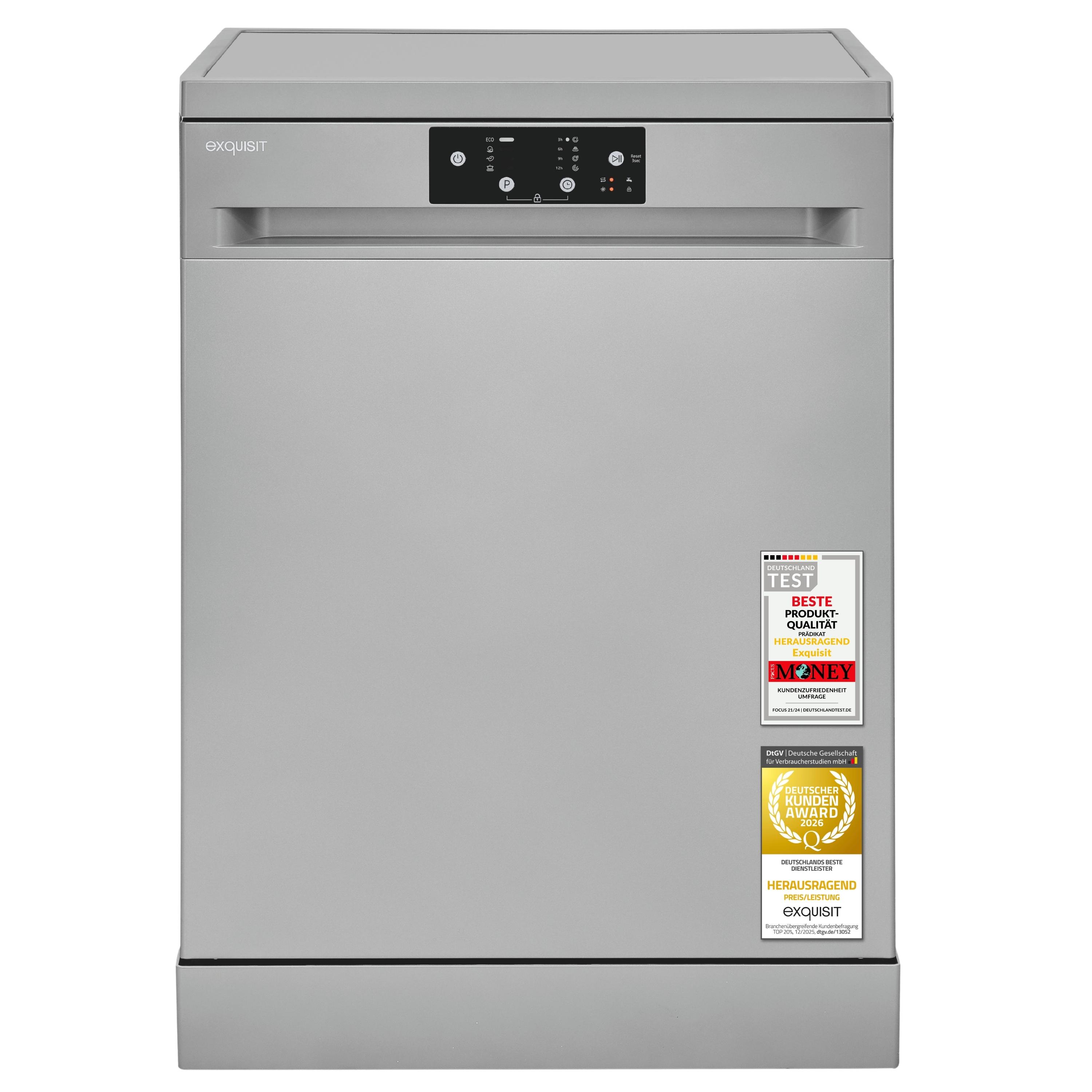 Geschirrspüler Unterbaufähig | Exquisit GSP59114-451D silber | 14 Maßgedecke | 4 Programme | Energieklasse D 84 kWh/100 Zyklen | Silber