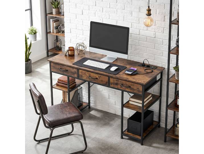 HOMCOM Bureau 120x40cm Marron Rangement 3 Tiroirs 4 Étagères