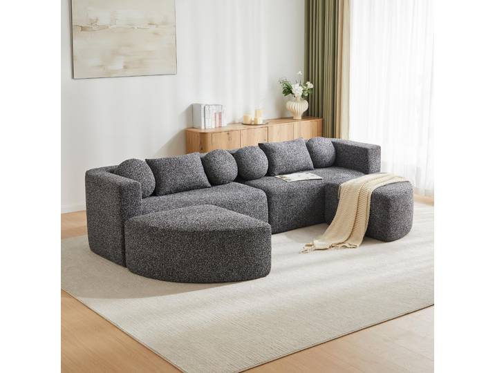 MODFU Sofa Modulsofa 3 Sitzer mit Schlaffunktion Cloud Design Flexibel Wohnzimmer Chenille für kleine Wohnungen Schwarz
