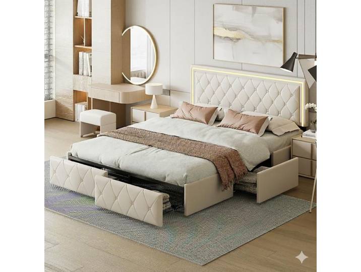Lit 160x200 cm - COZY - lit double 160x200 - LED - sommier - lit adulte 160 - beige