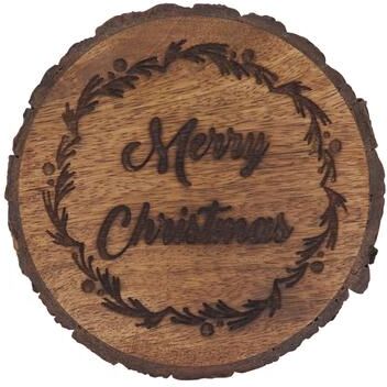 Saro Merry Christmas Mango Wood Coasters, Set of 4 - Engraved Holiday Coasters with Bark Edge