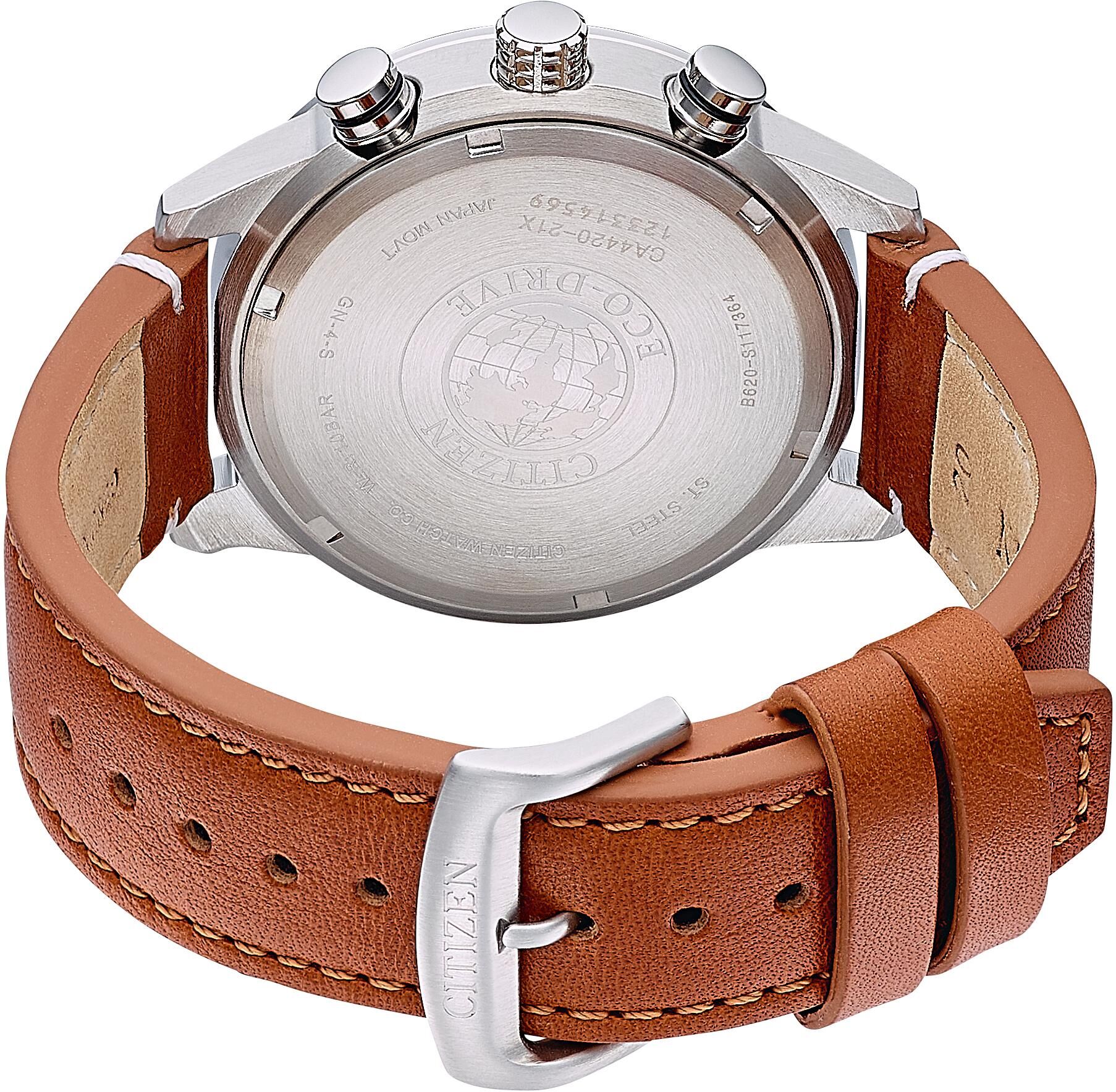 Chronograph CITIZEN, braun (cognacfarben, dunkelgrün), Armbanduhren, Herren, silberfarben, Chronograph, Armbanduhr, Herrenuhr, Solar, Datum, Stoppfunktion, Lederarmband cognacfarben, dunkelgrün silberfarben