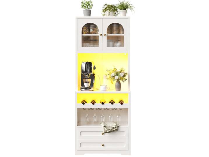 Flieks Vitrine LED Gewölbte Glastüren Weinregal Weiß, 70x180x40 cm, Kleinmöbel, Kommoden, Highboards